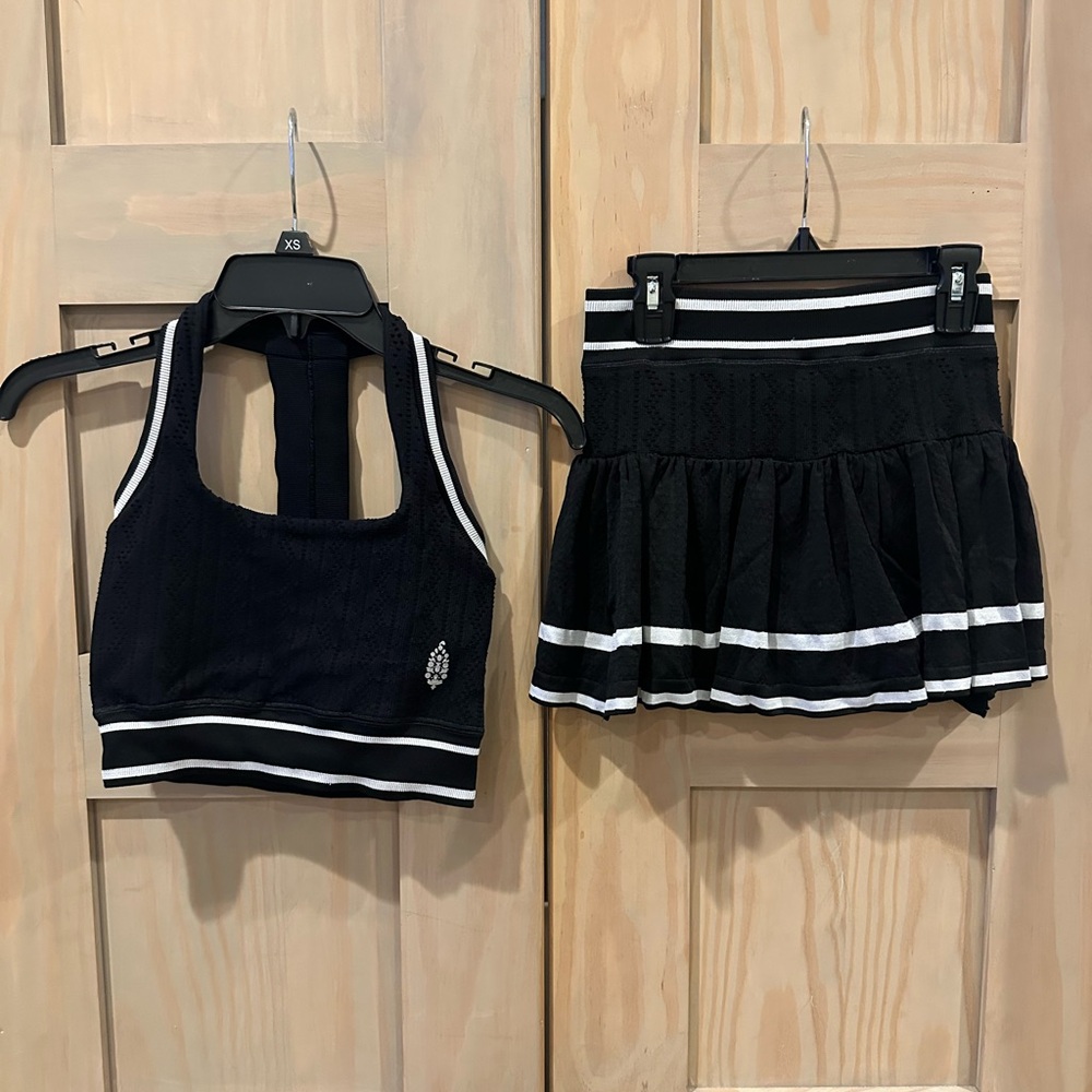 FP Movement by Free People Black Sports Bra & Skort Set with White Stripes